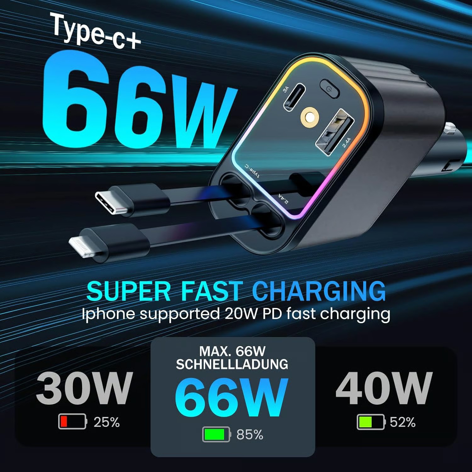 4 in 1 Retractable Car Charger With Stary Lights